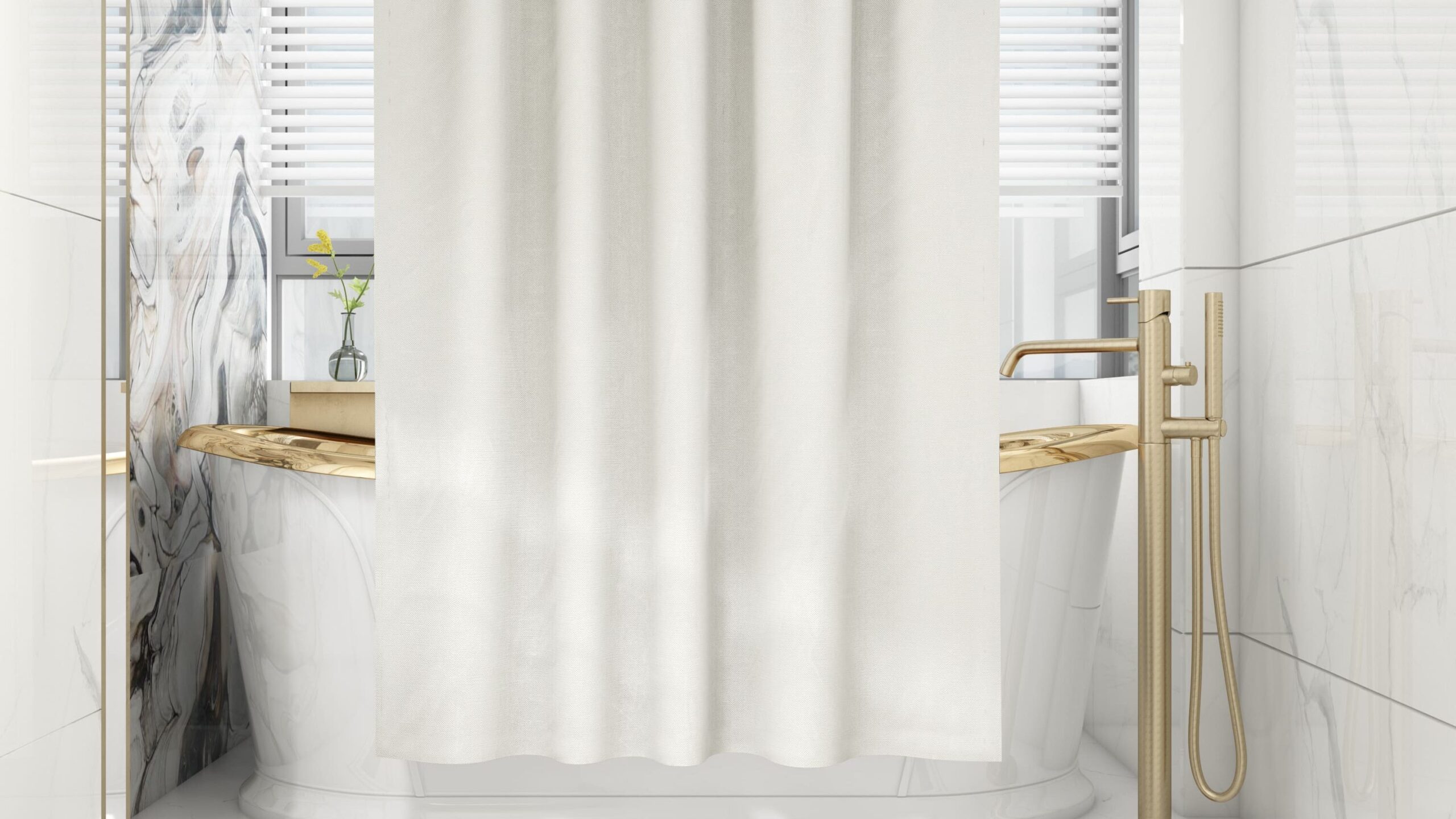 Modern bathroom with freestanding bathtub partially hidden behind a white shower curtain and gold fixtures